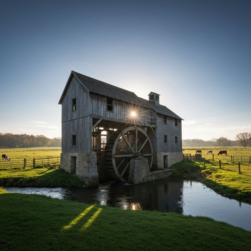 Historic 19th-century flour mill surrounded by nature