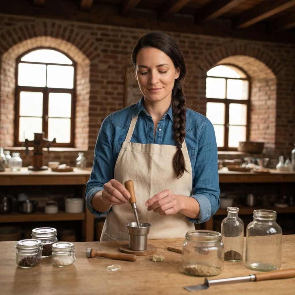 Ria Harman crafting organic cosmetics in her workshop